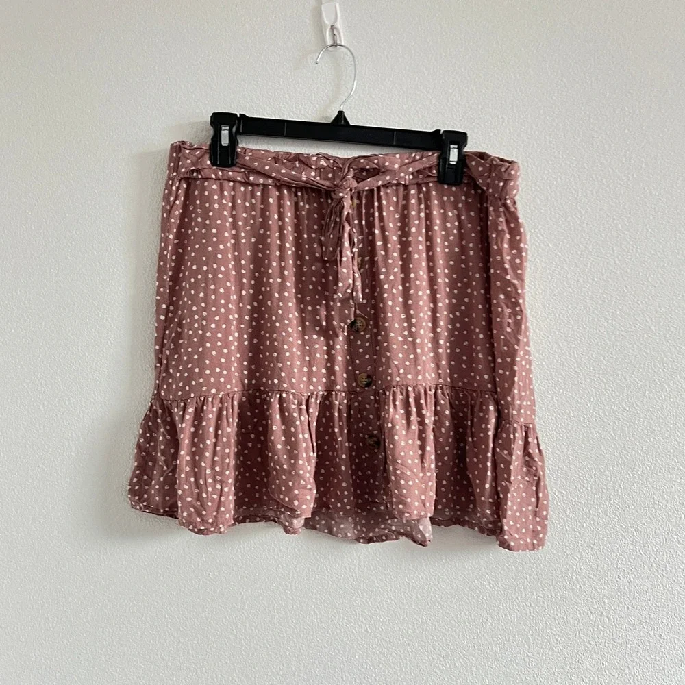 Indigo Rising Mauve Pink White Polka Dot Mini Skirt XL Boho Coquette Shabby Chic
